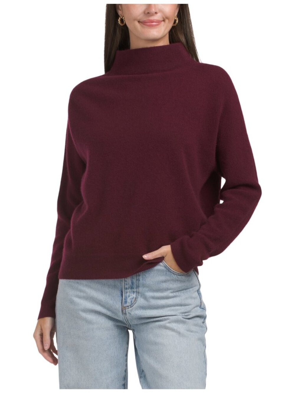 Tahari 100% Cashmere Funnel Neck Dolman Sweater Burgundy Wine Pullover
